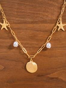 1pc Fashionable & Cute Starfish, Pearl & Shell Pendant Necklace, Versatile Accessory To Match Outfits - Gold - View 2