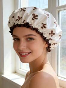 双层防水印花浴帽，时尚女士防潮发套，居家淋浴厨房护发 - 彩色 - 查看 7