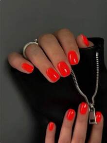 24 móng giả vuông ngắn kiểu Pháp, màu cam nguyên chất, thích hợp dùng hàng ngày, hẹn hò, uống trà chiều. - Màu Cam cháy - Xem 8