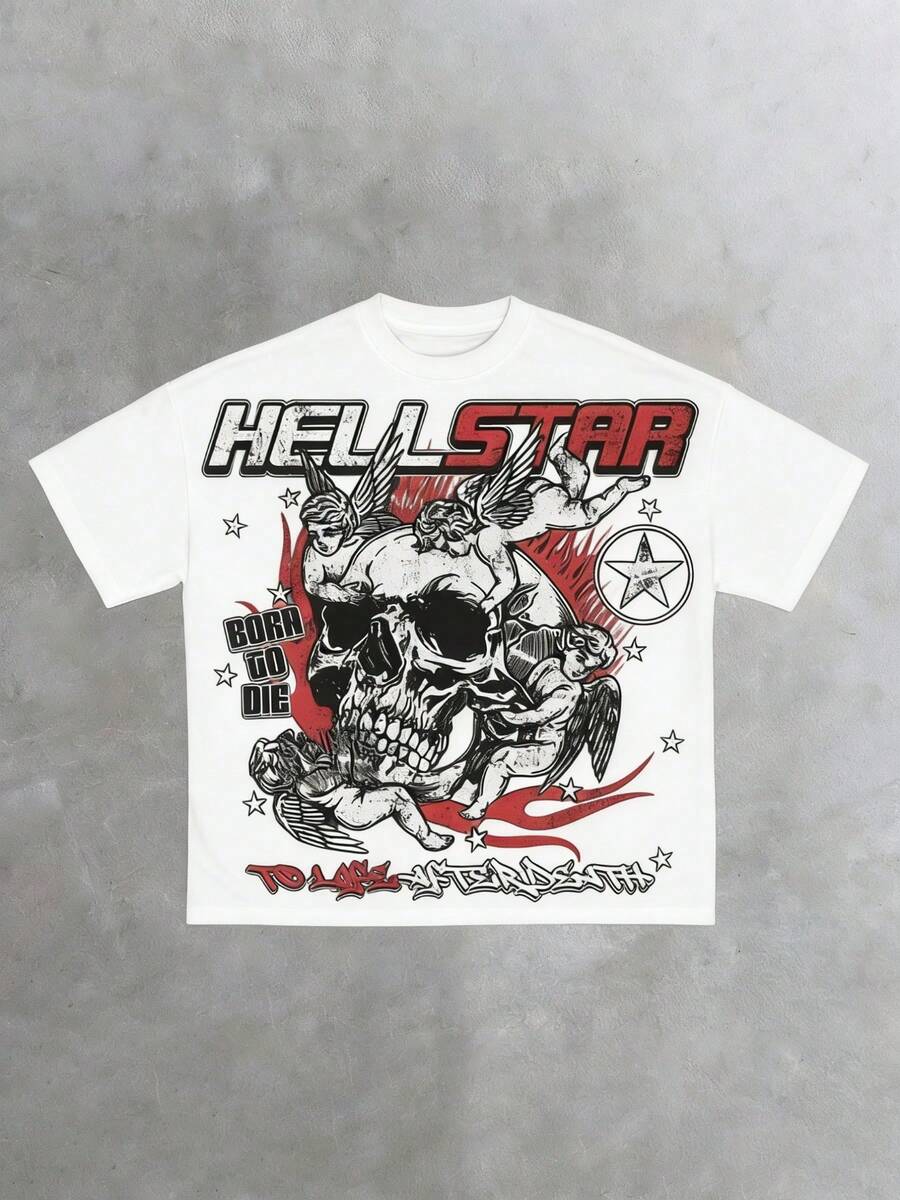 Hellstars Skull Angel Gothic Graphic Y2K Graphic T-Shirt,220g 100% Cotton,Round Neck Short Sleeve,Black Streetwear Essential For Summer Going Out,Unisex Style - trắng - Xem 1