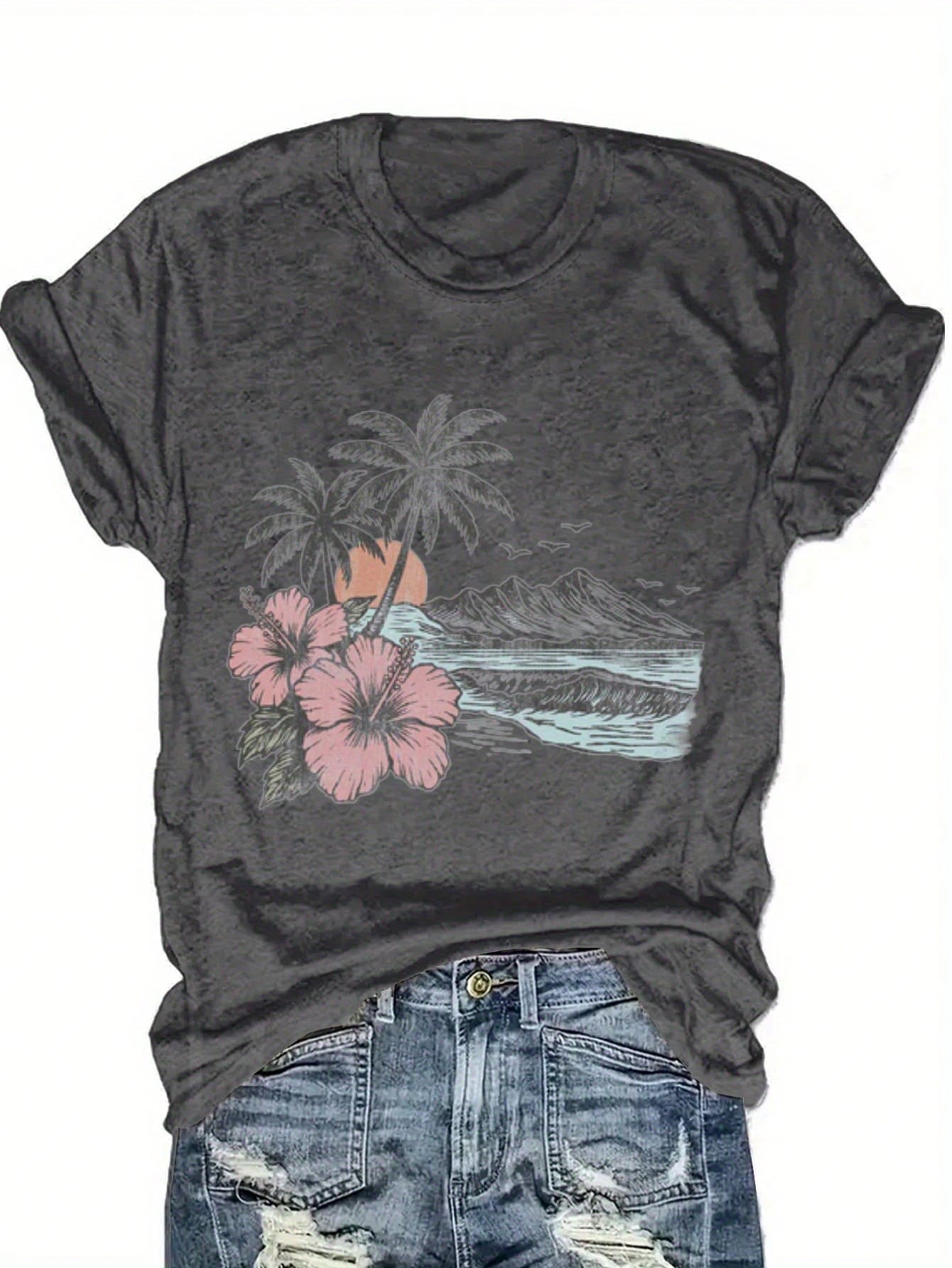 Tropical Sunset And Hibiscus Flower Print Women's Blend T-Shirt - Suitable For Vacation Wear, Casual Summer Beach Style, Fashionable Graphic Blend T-Shirt - 灰色 - 查看 1