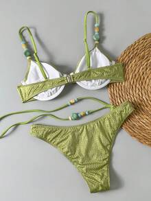Bikinx Women's Elegant Spaghetti Strap Bikini Set With Knot And Beaded Details Backless Casual Swimsuit - 橄欖 - 查看 9
