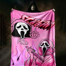 1PC Ghostface Y2K Horror Flannel Throw Blanket 50"X60" (Multiple Sizes) - Black & White Ghostface Duo With Pink Robe, Glitter  & Skeleton Hand, Tapestry Wall Hanging, Halloween Gift, Room Decor, Perfect For Sofa, Bed, Office, Edgy Y2K Gift - multicolour 2 - 查看 3