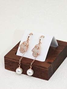 1 Pair Zirconia Palm Shaped Pearl Long Tassel Earrings, Suitable For Women - Rose Gold - View 1