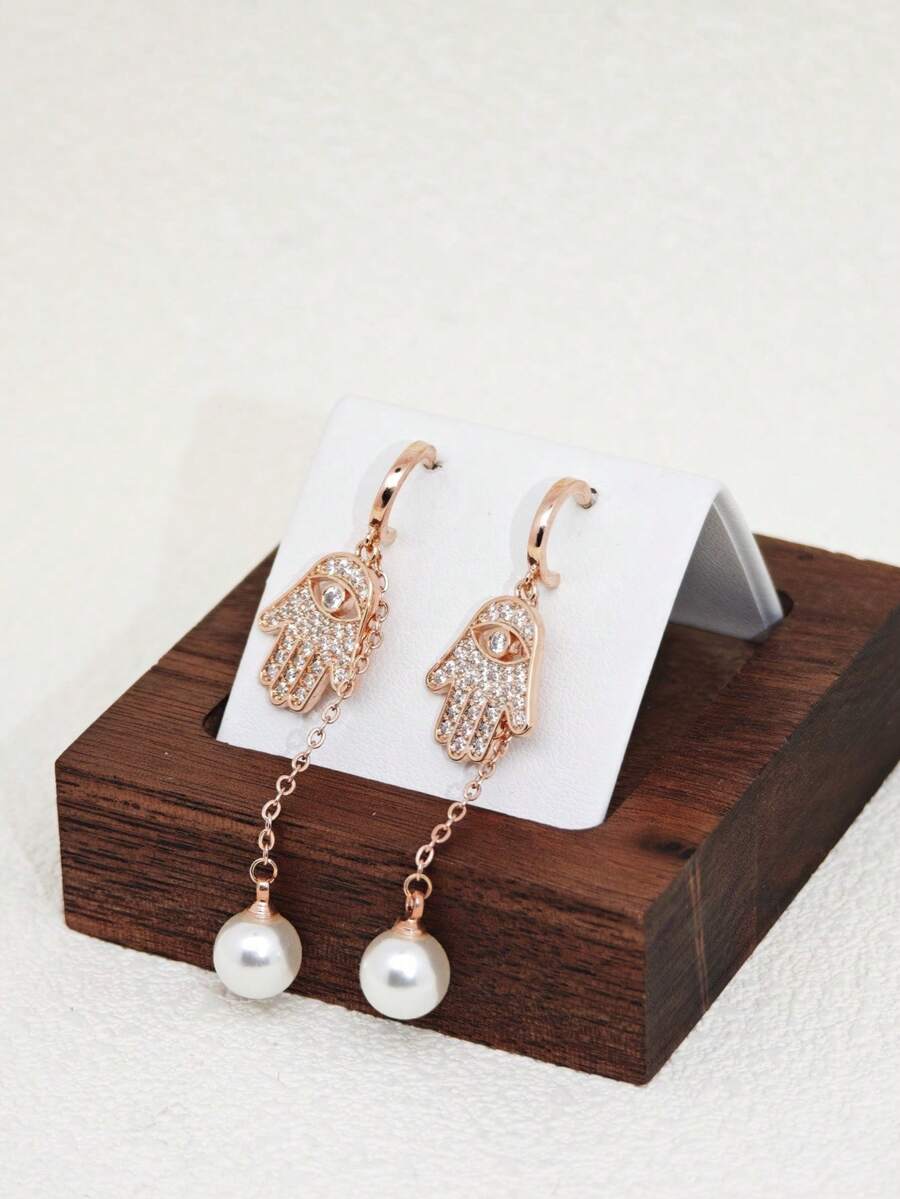 1 Pair Zirconia Palm Shaped Pearl Long Tassel Earrings, Suitable For Women - Rose Gold - View 1