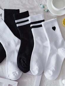 5 Pairs Striped, Solid Color, And Heart Print Athletic Socks - Multicolor - View 1