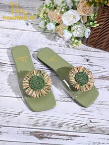 女士夏季新款花卉绿色向日葵雏菊时尚个性化平底凉鞋，露趾百搭女士春夏新款休闲拖鞋 - 綠 - 查看 5