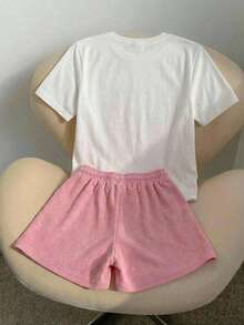 CONJUNTO DE DOS PIEZAS SHORT ROSA Y PLAYERA BLANCA LISOS - Multicolor - Ver 2