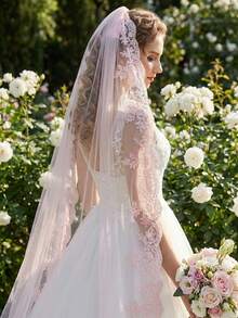 1件粉色长尾新娘头纱，带梳子，蕾丝头纱，浪漫可爱，适合女士婚纱、花园婚礼 - 彩色 - 查看 2