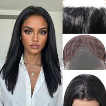 13x4蕾丝前额合成假发，14英寸自然黑色短款耐热纤维假发，自然层次感假发，适合女性日常派对佩戴 - 黑色 - 查看 12