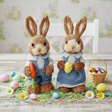 Easter Bunny Decoration Cute Straw Rabbit Figurines Table Centerpiece For Home Farmhouse Holiday Spring Party Tiered Tray Decor - 海軍藍色 - 查看 4