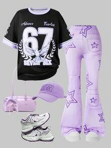 8-12 Jahre Mädchen süß & cool 2-teiliges Set, lila & schwarzes Patchwork bedrucktes Rundhals T-Shirt Top und lässige ausgestellte Hose, minimalistischer stilvoller Sommer-Outfit - Schwarz - Übersicht 2