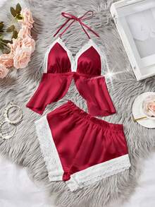 情人节礼物蕾丝缎面性感内衣套装 - 吊带开衩文胸和弹力短裤 - 女士贴身睡衣 - 酒紅色 - 查看 3