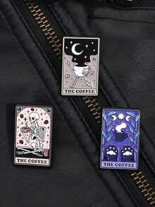 1Set Punk Gothic The Coffee Cat Tarot Enamel Pins Skeleton Drinking Coffee Brooches Lapel Badge Jewelry Gift For Friends - Multicolor - View 8