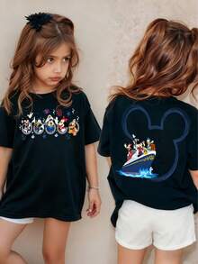 ¡Estilo náutico infantil de Disney! Camiseta infantil de algodón de manga corta blanca con estampado de vela delantera y cabeza de Mickey de crucero en la parte trasera - Negro - Ver 1