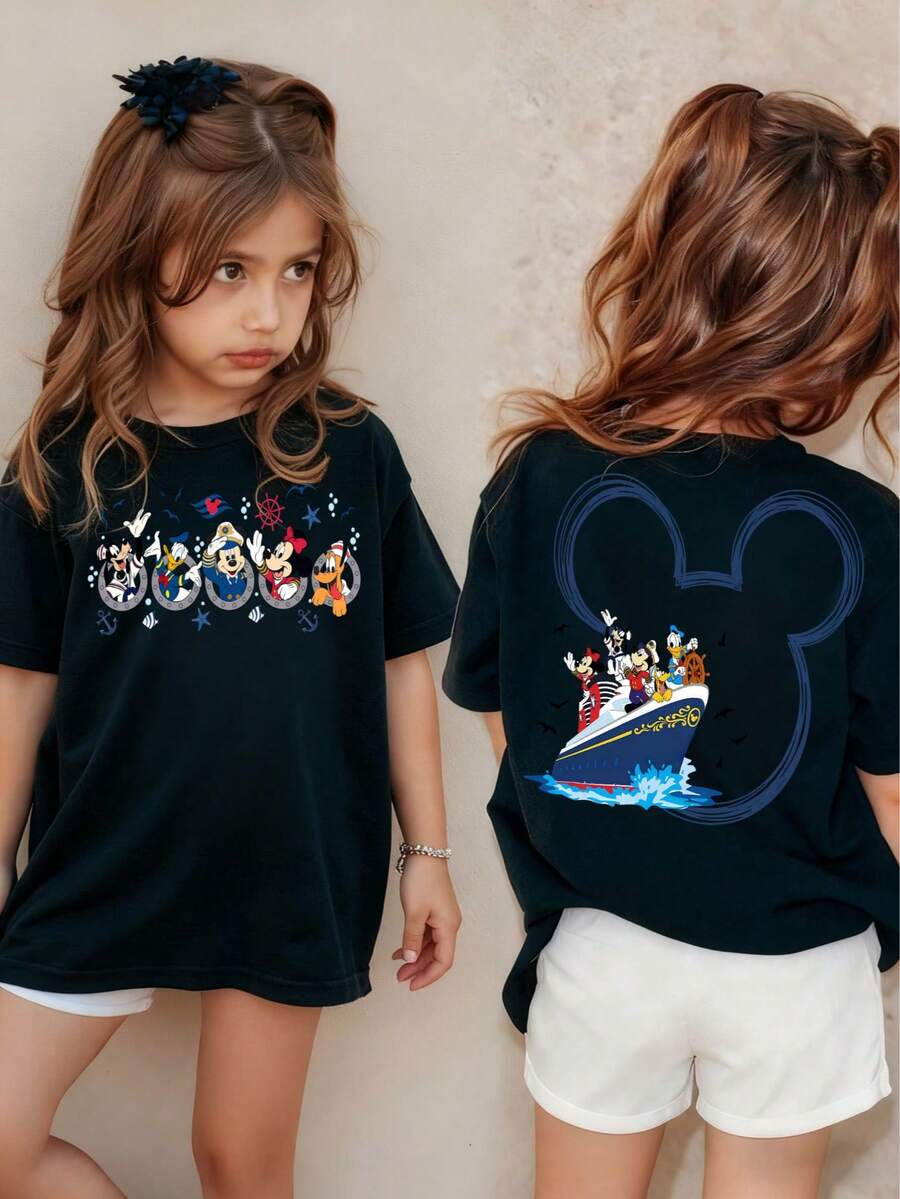 ¡Estilo náutico infantil de Disney! Camiseta infantil de algodón de manga corta blanca con estampado de vela delantera y cabeza de Mickey de crucero en la parte trasera - Negro - Ver 1
