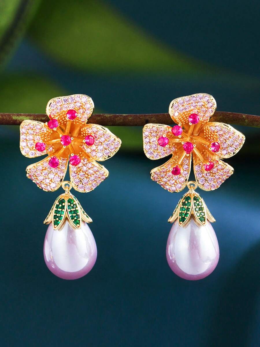 1 Pair Gold Plated Multicolor Cubic Zirconia Long Pearl Dangle Flower Drop Earrings, CZ Jewelry Accessories For Brides, Bridesmaids, Wedding, Engagement, Party, Prom, Daily Wear, Gift For Ladies, Girlfriends, Wife