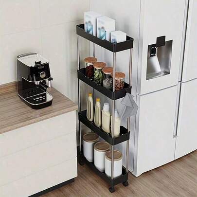 1pc Hollow Drainage 3/4 Tier Super Thin Storage Cart, Rolling Storage Cart, Narrow Shelf, Bathroom Organizer, Kitchen, Bathroom, Laundry Room Mobile Rack Organizer