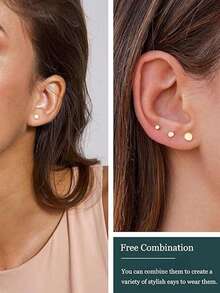 3 đôi bông tai vàng 14K, bông tai thép không gỉ không gây dị ứng dành cho nữ, bông tai kẹp vành tai và bông tai sụn tinh tế, trang sức nhiều lớp hình tròn thời trang, phù hợp cho phái nữ. - Vàng - Xem 2