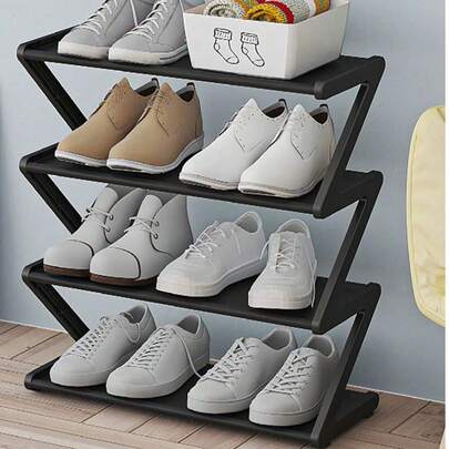 1 Peça Estante para Sapatos em Formato de Z com 4 Níveis, Prateleira de Armazenamento Autônoma de Plástico, Estante de Armazenamento de Alta Capacidade Multifuncional, Montagem Fácil Sem Ferramentas, Empilhável, Essencial para Casa e Dormitório, Economizador de Espaço, Organizador para Sapatos, Botas e Diversos, Adequado para Corredor, Guarda-Roupa, Sala de Estar, Quarto