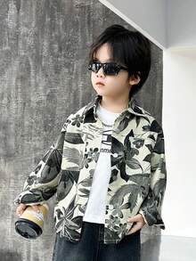 Boys' Letter Print Casual Shirt For Spring - Dark Green - View 4