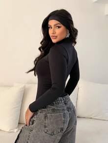 Women's Bodysuit Kit, High Neck, Long Sleeve, Second Skin, Basic, Versatile, Fashion Blogger Style, - BLACK-bEIGE-cOFFEE - View 4