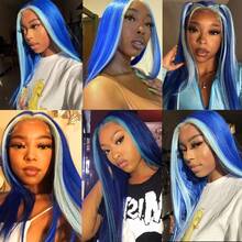 13X4 Pink & Brown Lace Front Wigs Pre Plucked Soft Free Part Long Straight Wigs Glueless Pink Skunk Stripe Wig Wear And Go Wig Heat Resistant Fiber Hair Synthetic Lace Front Wigs For Fashion Women For Daily Christmas Party Cosplay Use - 挑染藍色 - 查看 10