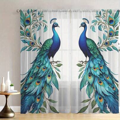 2pcs Symmetrical Blue-Green Peacock Patterned Tulle Curtains With 2D Flat Print, Ideal For Living Rooms/Bedrooms, Featuring A Rod-Bag Design For A Luxurious And Modern Decor.