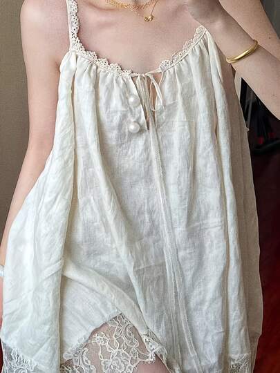 Women's French Court Style Lace Trim Cami Nightdress, Elegant Luxury Lace Detail, Soft Comfortable Sleepwear, Slim Flattering Fit, Solve Plain Style Lack Of Charm