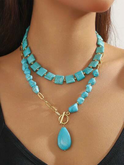 1pc Turquoise Beaded Jewelry, Unique Design, Double-Layer Teardrop Turquoise Pendant Necklace, Ideal For Festivals, Parties, Daily Fashion Wear, And Best Gift