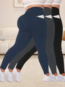 3pcs Plus Size Women High Waist Yoga Pants With Side Pockets, Elastic Waistband, Skinny Leggings, Suitable For Gym, Pilates Workout - Multicolor - View 3