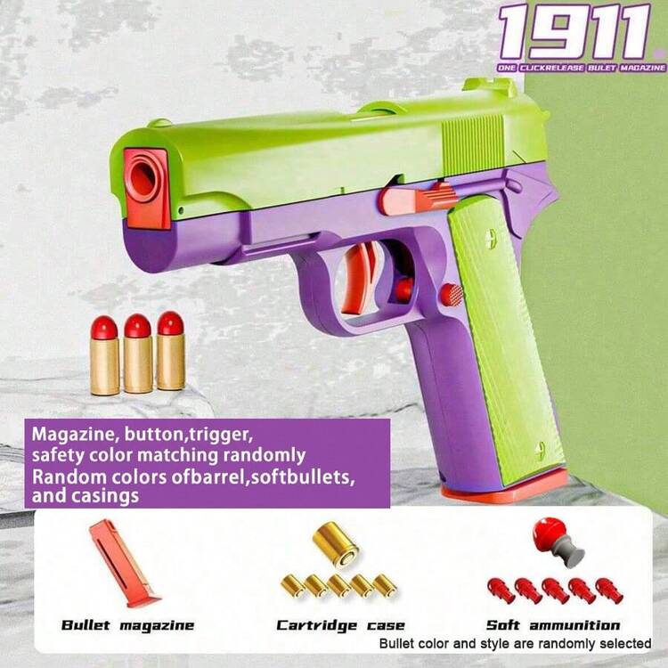 Pistola de juguete de bala suave 1911, morado y verde, con retroceso, pistola simulada de disparos, arma de utilería, favor de fiesta, adecuada como regalo para niños, color aleatorio - Multicolor - Añade 10