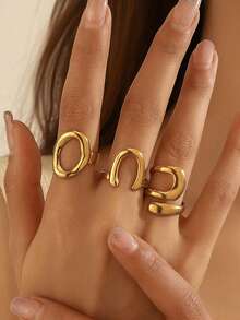 3pcs Set Stainless Steel Fashionable Leaf Geometric Open Rings, 18K Gold Plated Unique Rings, Suitable For Women's Daily And Holiday Wear - Gold - View 6