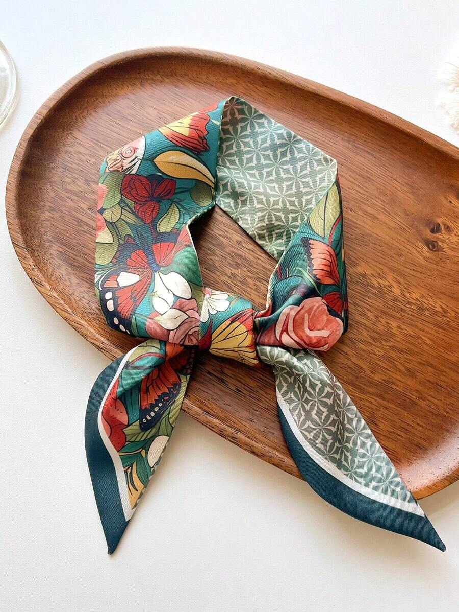 One Four Season Simulated Silk Butterfly Printed Ribbon Can Be Used As A Neck Scarf, Headband, Headband, Hair Accessory Decoration, As Well As Decoration For Bags, Clothes, Etc. Headbands, Headbands, Hair Accessories, And Headbands Are Ideal Choices For Dressing Up - Dark Green - View 1