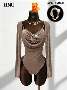 RNU Mono de manga larga elegante para mujer con forro cálido, cuello en V profundo, decoración de hebilla metálica, estilo casual, de negocios, de ocio, de conciertos musicales, de estilo vintage de unicolor, de punto acanalado, de alta elasticidad, muy suave y cómodo, de ajuste ceñido, para uso diario, sexy, para San Valentín, citas, carnavales, Año Nuevo, viajes, primavera, verano, otoño e invierno - Café integral - Ver 7