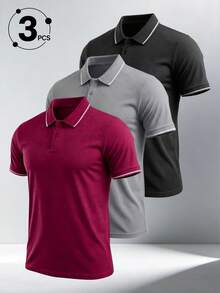 男士三件組對比滾邊 Polo 衫，短袖鈕扣門襟休閒商務上衣，適合日常通勤 - 彩色 - 查看 2