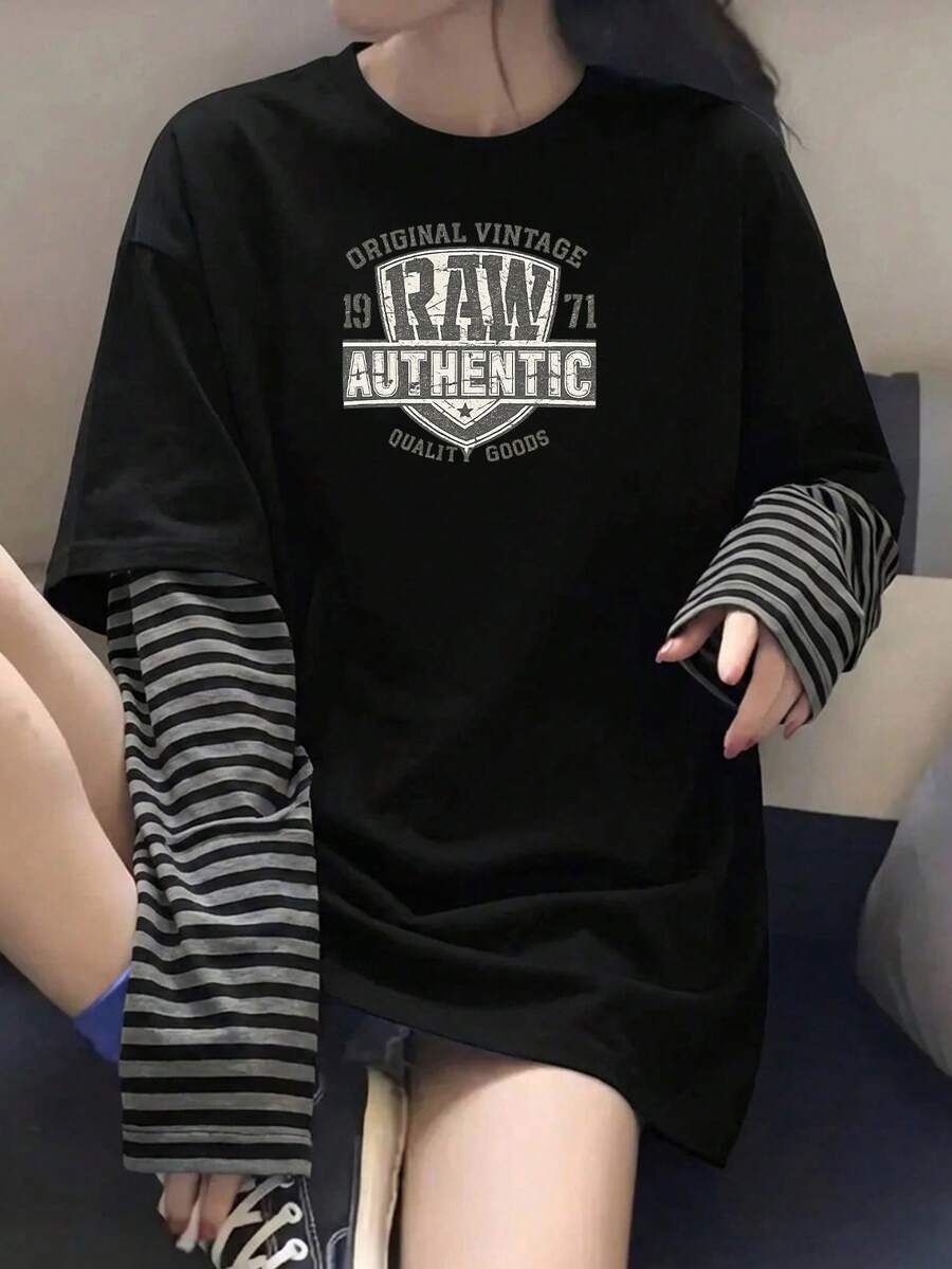 Letter Print 2 In 1 Long Sleeve Round Neck Loose Knit T-Shirt, Fashionable Commuter Top For Spring/Autumn, Valentine's Day Outfit - 2A19 Black - KJ0264 - View 1