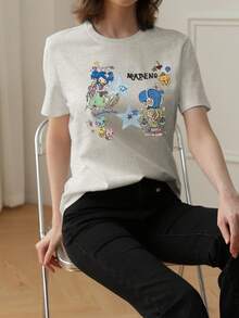 2026夏季新款女式圆领休闲宽松个性化Y2K印花图案T恤，街头时尚百搭大学生短袖T恤，1件装 - 淺花灰 - 查看 4