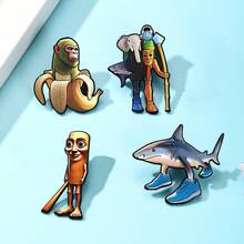 4pcs Men's Mountain And Sea Classic Abstract Quirky Wooden Stick Figure, Banana, Monkey, Shark Metal Brooch Pin, Casual Wear, Holiday Gift - Multicolor - View 3