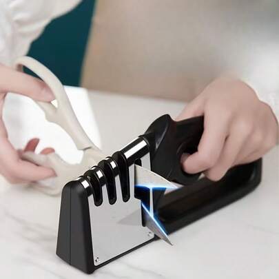 4/3 Stage Manual Knife Sharpener, Expert-Level Sharpening Tool, No Battery Or Power Needed, Ergonomic Curved Handle, Stainless Steel Carbide Ceramic 3-Stage, Universal For Steel & Ceramic Knives, Portable Cordless Kitchen Essential, Ideal Christmas Gift