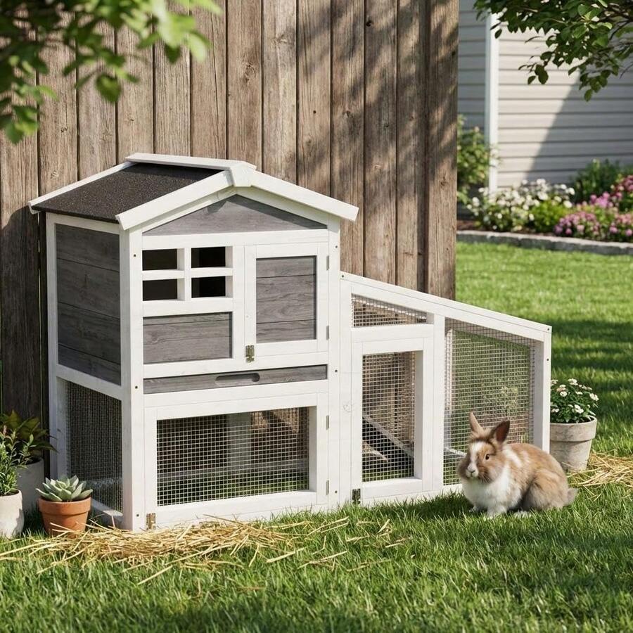 Conejera Grande de Madera de 134 cm (53") para Interior y Exterior, Ampliable de 2 Pisos con Rampa Antideslizante, Área de Juego Amplia, Techo con Bisagras y Bandeja Extraíble, para Conejos, Gallinas, Patos - gris - Ver 1