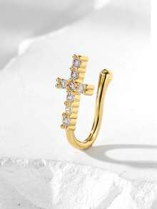 十字架造型夹式鼻环，镶嵌立方氧化锆，宗教风格鼻夹，女士日常饰品，斋月和复活节礼物 - 金黃色 - 查看 4