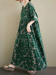 AZAH Plus Size Green Floral Print Long Dress, Round Neck Batwing Short Sleeve Woven A-Line Skirt With Pockets, Casual Bohemian Beach Dress, 2026 New Summer Dress For Women Elegant - Green - View 5