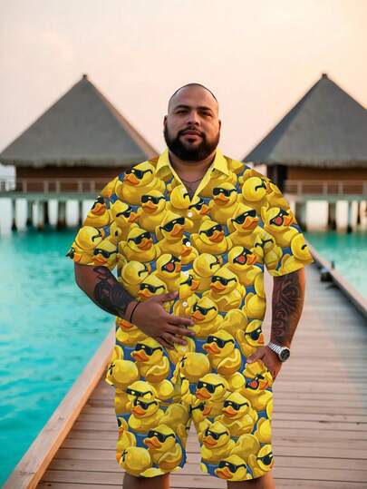 男士街头休闲卡通系列“滑稽淘气小鸭”图案运动衬衫套装 - 涤纶针织面料，带抽绳短裤，口袋设计，常规版型，适合大码身材