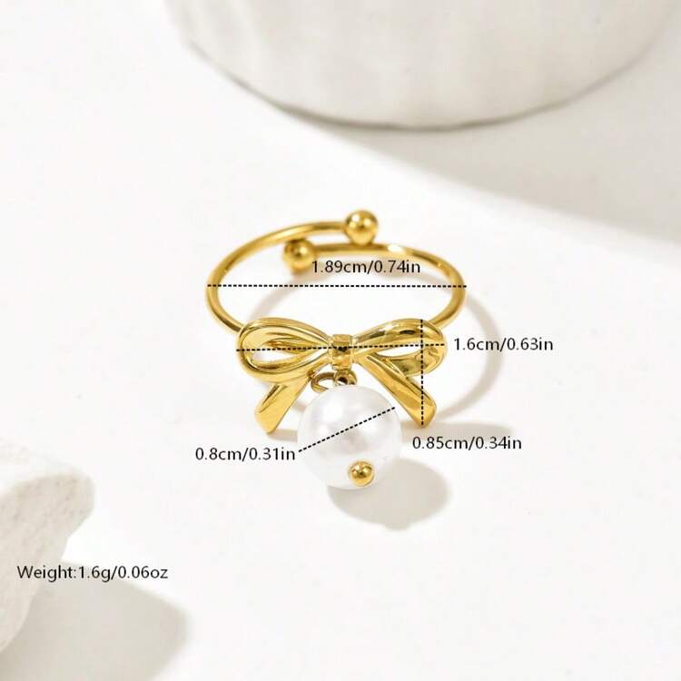 1枚经典简约水钻不锈钢戒指，蝴蝶和仿珍珠开口戒指 - 金色 - 查看 2