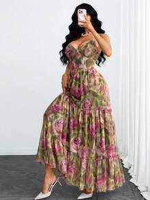 Women's Gothic Sexy & Elegant Contrast Striped Print V-Neck Spaghetti Strap Double-Layer Flared Mesh Multi-Layer Dress, Suitable For Dates, Vacations And Everyday Wear - Multicolor - View 2