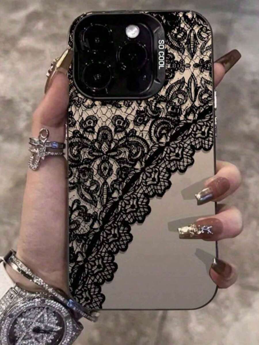1件装时尚奢华黑色蕾丝印花图案彩绘高档灰色防震保护手机壳，适合作为节日礼物，兼容 Xs/Xs Max/Xr/11/12/13/14/14 Plus/15/15 Plus/16/16 Plus/7/8 Plus/17/17 Pro及其他型号 - 彩色 - 查看 1