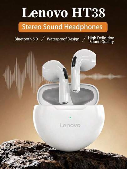  Căști Bluetooth Lenovo HT38 TWS HiFi Sound cu Micro HD Hearing Airpod portabile confortabile căști Bluetooth pentru muzică, apeluri, alergare, jocuri, căști wireless originale Lenovo disponibile în negru/alb