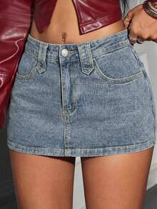 女士梭织牛仔短裙，直筒款式，中等弹力，适合派对、优雅、可爱场合。 - 藍色 - 查看 4