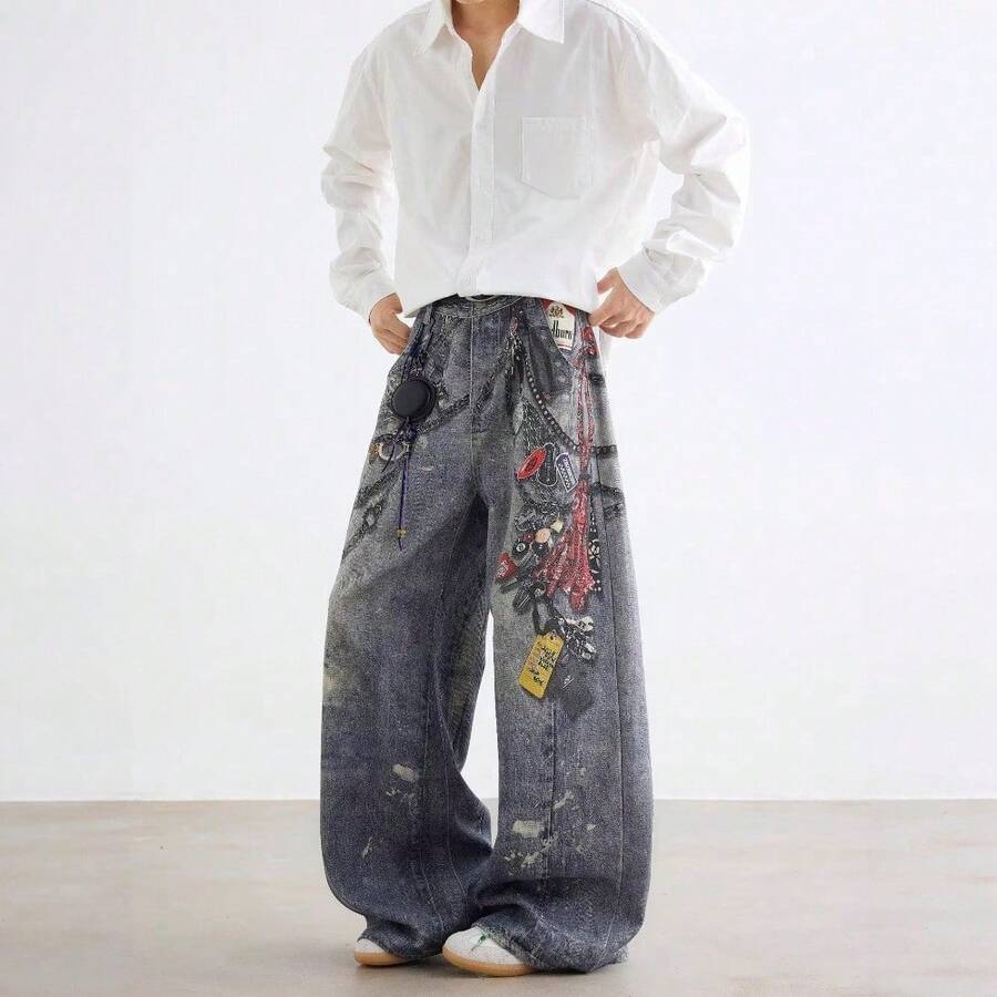 Pantalones Vaqueros Rectos con Cadena 3D para Hombre y Mujer - Estilo Vintage Americano, Estampado Distópico y Diseño Desgastado - Impresión 3D transfronteriza n7017nzm - Ver 1